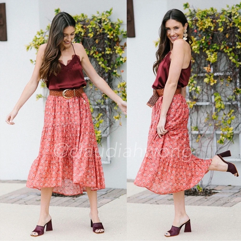 XIRENA Iris Tiered Ruffle Midi Skirt in Coral Blush Red